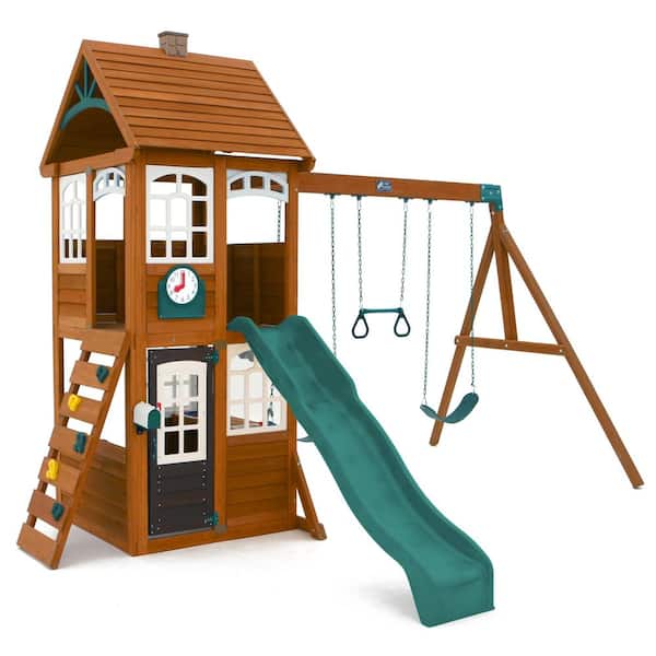 DIY Kennedy Springs Wooden Outdoor Playground Set with Slide, Rock Wall, Play Kitchen, Swing Set, and Accessories