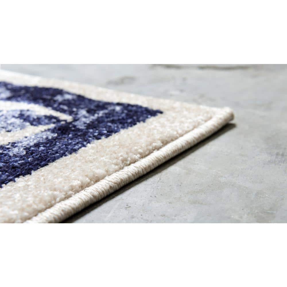 Blue Floral Motif Synthetic Low Pile Area Rug