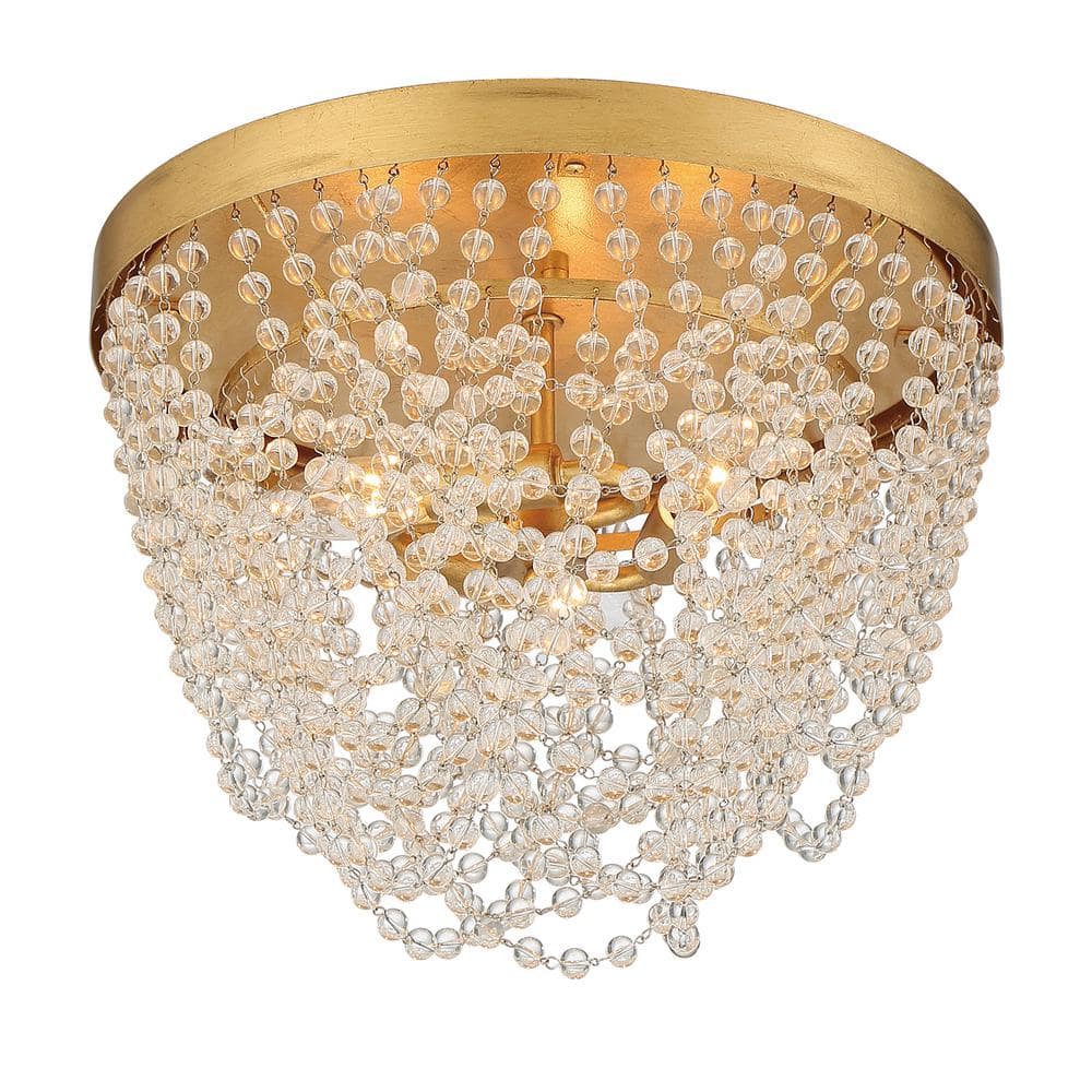 Antique Gold and Clear Glass Beaded 3-Light Flush Mount