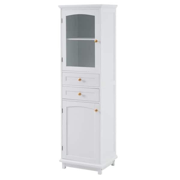 Nestfair 17.76 in. W x 14.21 in. D x 62.99 in. H Freestanding White Storage Linen Cabinet with Glass Doors and 2-Drawers