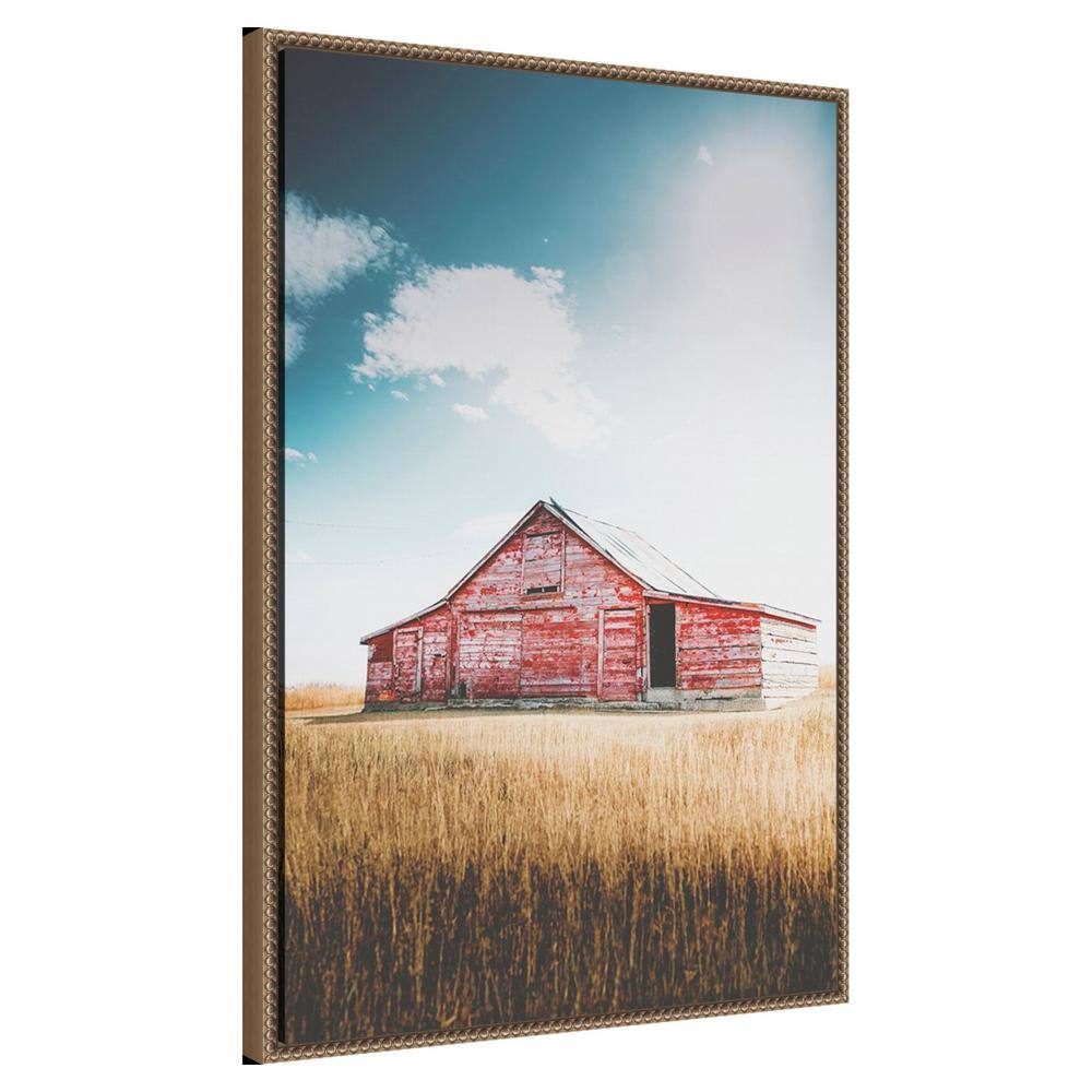 Large Red Barn Framed Canvas Wall Art with Beaded Bronze Frame