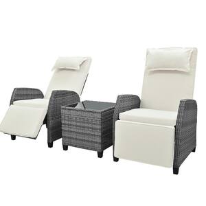Wicker Outdoor Adjustable Lounge Chair Patio Recliner Chair with Beige Cushion and Coffee Table (2-Pack)