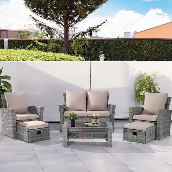 SANSTAR 6-Piece Wicker Patio Conversation Set Rattan Seating Set Loveseat Sofa Chair Ottoman with Sand Cushions