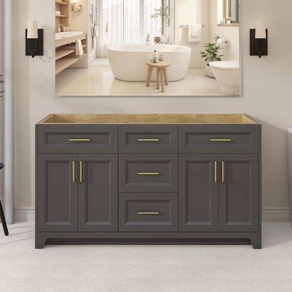 NTQ 60 in. W x 21.5 in. D x 33.5 in. H Bath Vanity Cabinet without Top Bathroom Vanity Freestanding Solid Wood in Gray