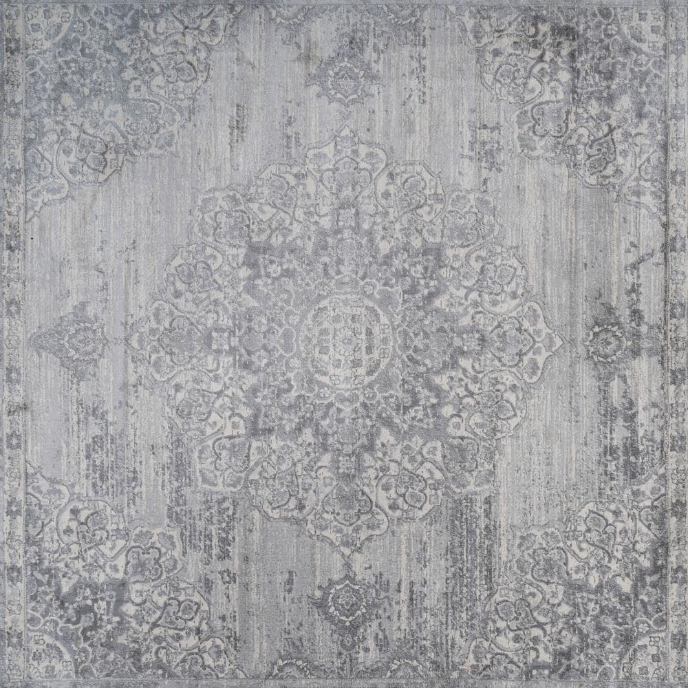Light Gray Moroccan Medallion 5' Square Synthetic Area Rug