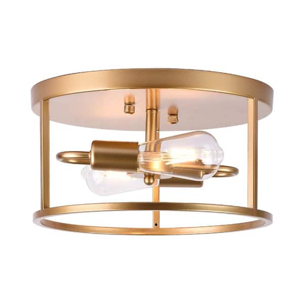 OUKANING 2-Light Gold Farmhouse Round Cage Flush Mount Ceiling Light with No Bulbs Included 12.59 in.