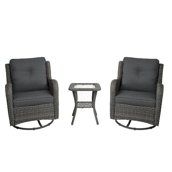 Uixe 2-Piece Patio Swivel Wicker Outdoor Rocking Chairs with Dark Gray Cushion and Side Table Sets for Porch Deck (Set of 2)