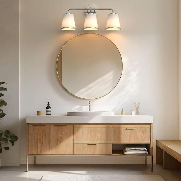 23 in. 3-Light Brushed Nickel Vanity Light with Soft Bell Shades for Bathroom Mirror