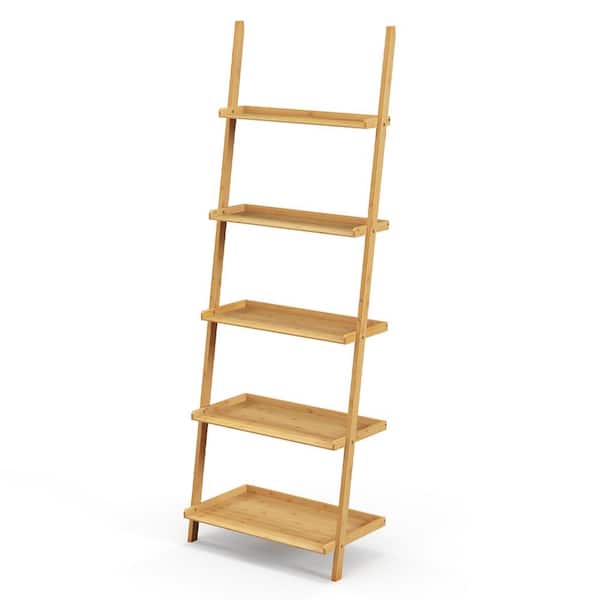 Gymax 25.5 in. Wide Natural 5-Tier Bamboo Ladder Shelf Wall-Leaning Bookshelf Display Bookcase Storage Rack