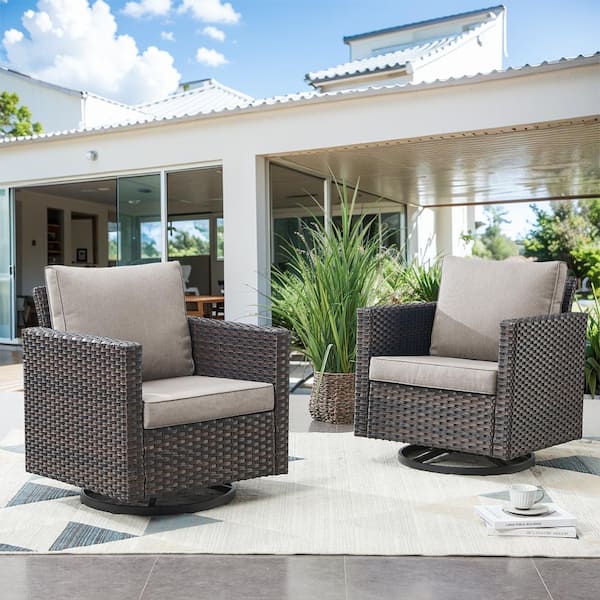 Outdoor Swivel Brown Wicker Outdoor Rocking Chair with CushionGuard Gray Cushions Patio