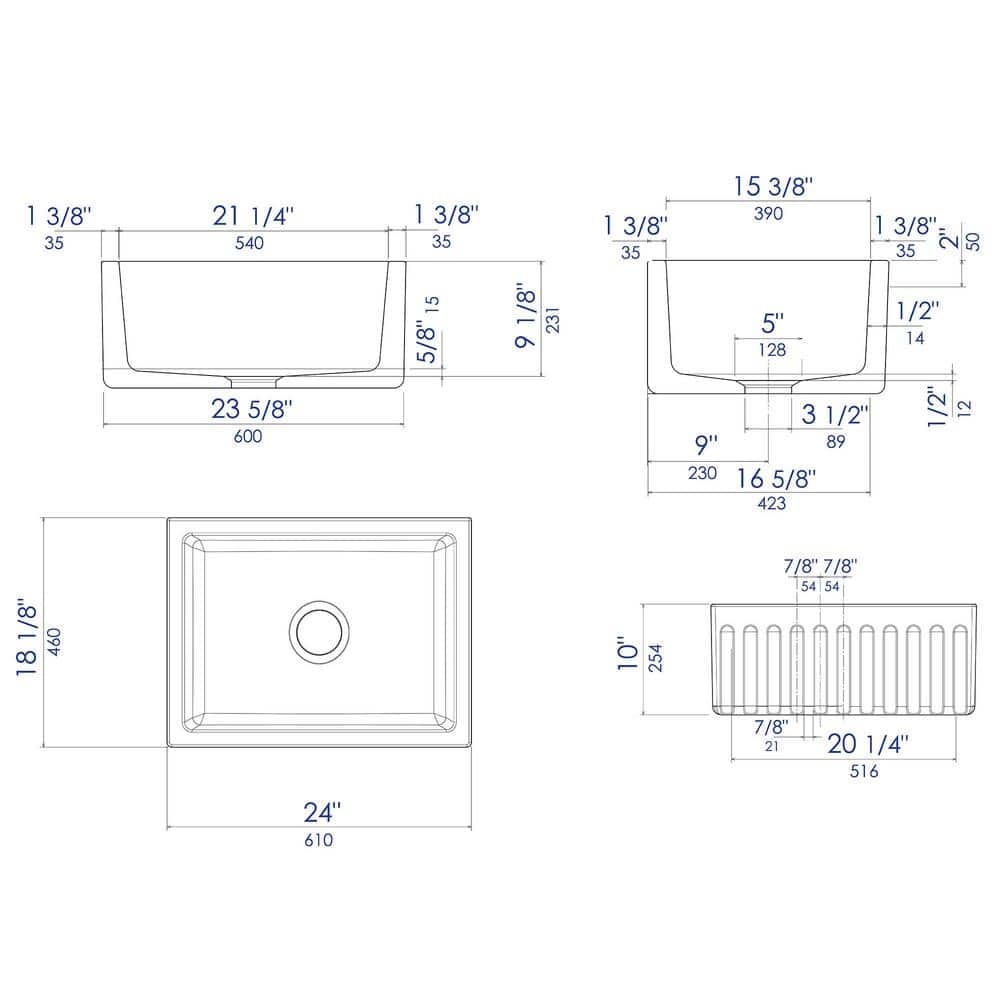 24'' Gloss Black Fireclay Farmhouse Drop-In Sink