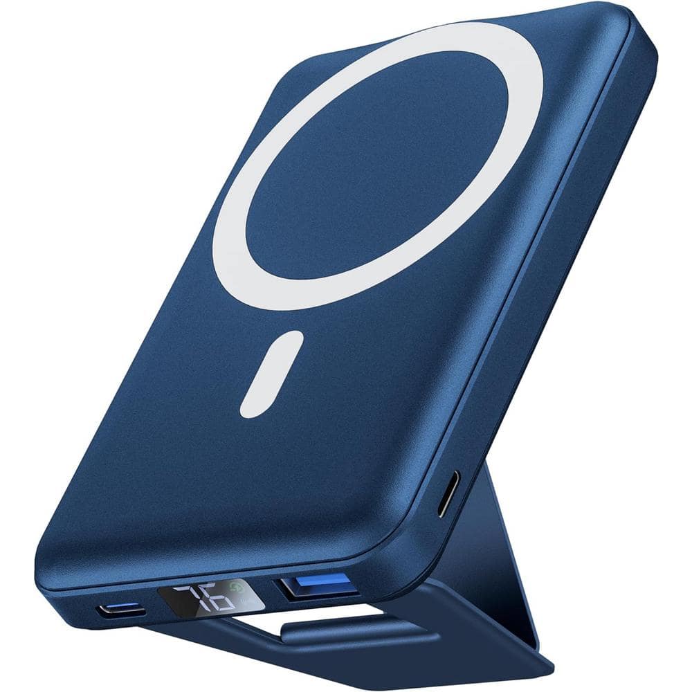 Etokfoks Wireless Portable Charger, Foldable 10000mAh Magnetic Power Bank with Type-C Cable LED Display 22.5W for Iphone in Blue