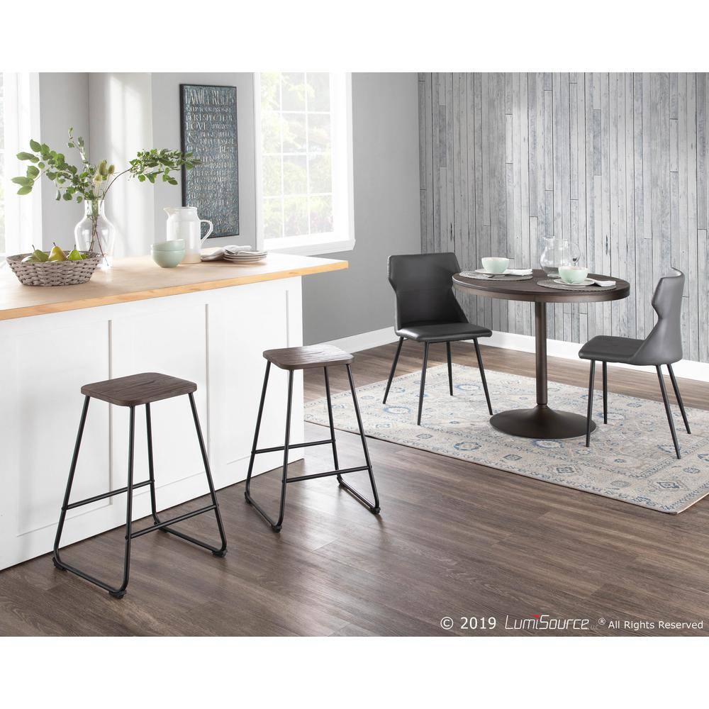 Industrial Black Metal and Espresso Wood Backless Counter Stools, Set of 2