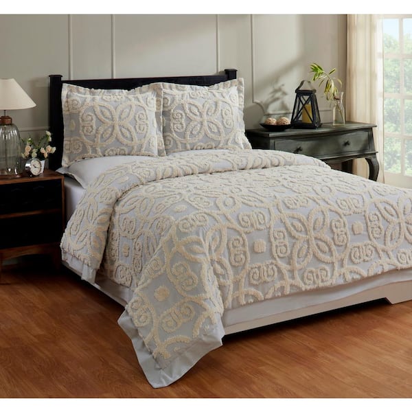 Better Trends Eden Comforter 3-Piece Floral Design Gray & Ivory King 100% Cotton Tufted Chenille Comforter Set