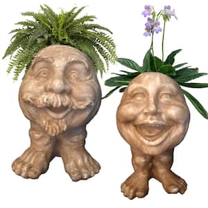 12 in. Stone Wash Uncle Nate and Aunt Minnie the Muggly Face Statue Planter Holds 4 in. Pot (2-Pack)