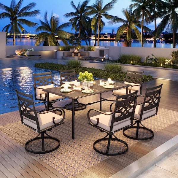 PHI VILLA 7-Piece Metal Outdoor Dining Set with Slat Table-top and Cast Iron Pattern Swivel Chairs with Beige Cushions