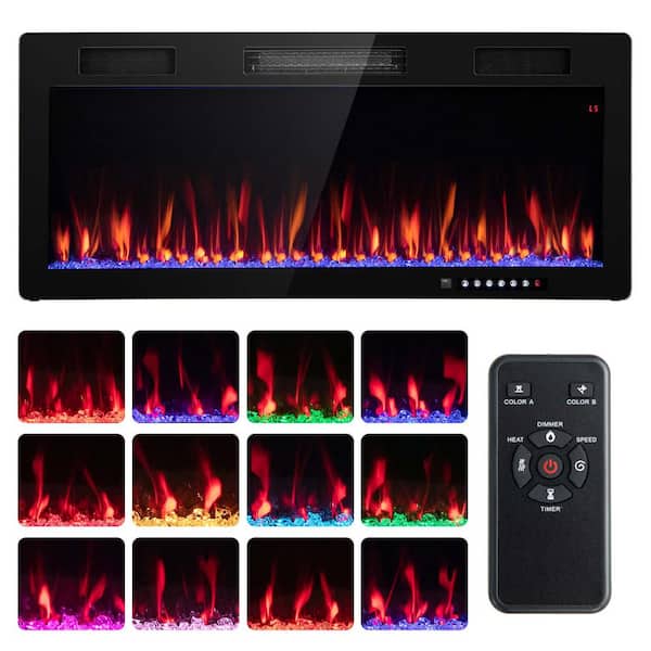Costway 40 in. Wall Mount/Recessed Metal（CRS） Electric Fireplace in Black with Multi-Color Flame