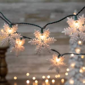 10-Count White Glittered Snowflake Christmas Light Set 6 ft. Green Wire