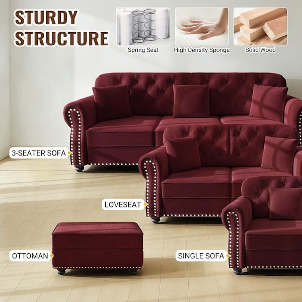 Polibi 82.6 in. Rolled Arm Velvet Rectangle Sofa in Burgundy with