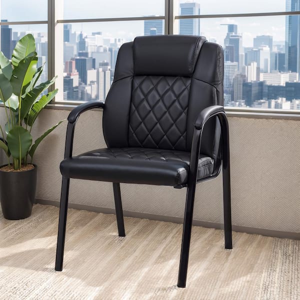 Faux Leather Office Guest Chairs, Upholstered Ergonomic Stationary Side Chairs in Black with Padded Arms (Set of 6)