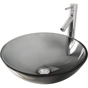 Sheer Black Glass Round Vessel Bathroom Sink with Dior Faucet and Pop-Up Drain in Chrome