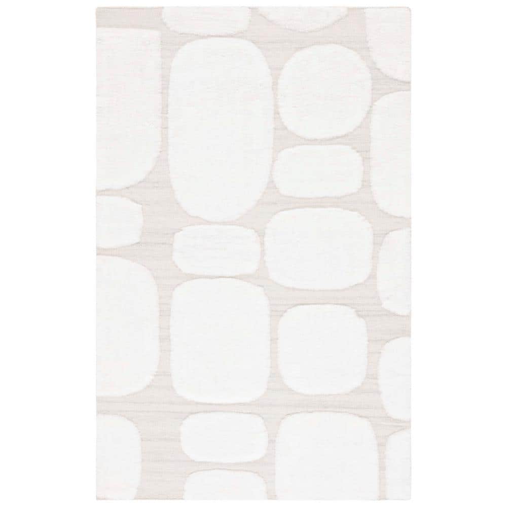Ivory/Beige Hand-Knotted Wool Geometric Shag Rug, 4'x6'