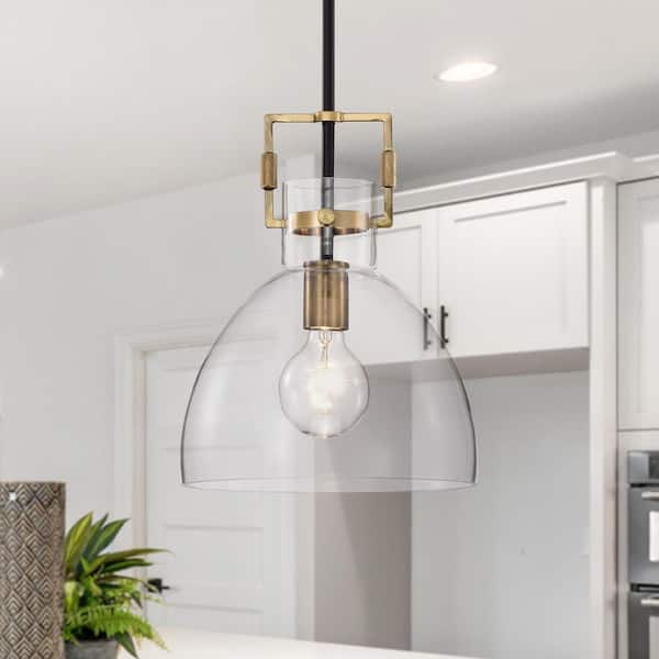 Essence 10 in. 1-Light Contemporary Black and Antique Gold Pendant with Bowl Shaped Clear Glass Shade