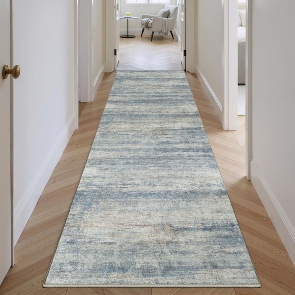 Sunset Over Sea Blue/Gold 2 ft. x 8 ft. Washable Modern Abstract Runner Rug
