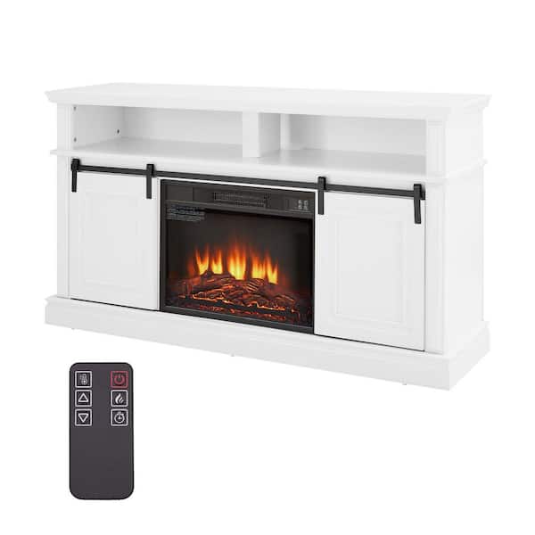58 in. Freestanding Electric Fireplace TV Stand with Storage Space and Multifunctional Sliding Doors in Antique White