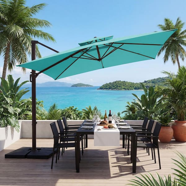 JEAREY 10 ft. x 10 ft. Square Two-Tier Top Rotation Outdoor Cantilever Patio Umbrella with Cover in Peacock Blue JEAREY 10 ft. x 10 ft. Square Two-Tier Top Rotation Outdoor Cantilever Patio Umbrella with Cover in Peacock Blue