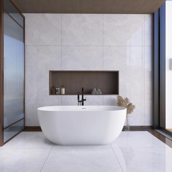 63 in. x 29.5 in. Stone Resin Soaking Bathtub with Center Drain in Matte White