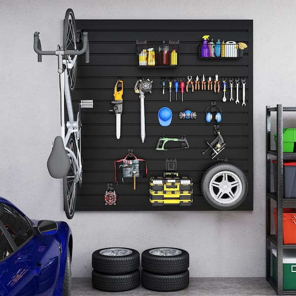 Slatwall Paneling Organizer 4 ft. x 4 ft. PVC Garage Slat Wall Storage Pegboard Wall Organizer Garage Slatwall in Black
