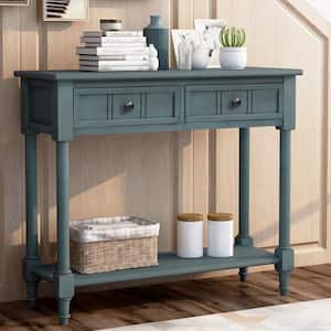 36 in. Rectangle Navy Wood Console Table with 2-Drawers and Bottom Shelf
