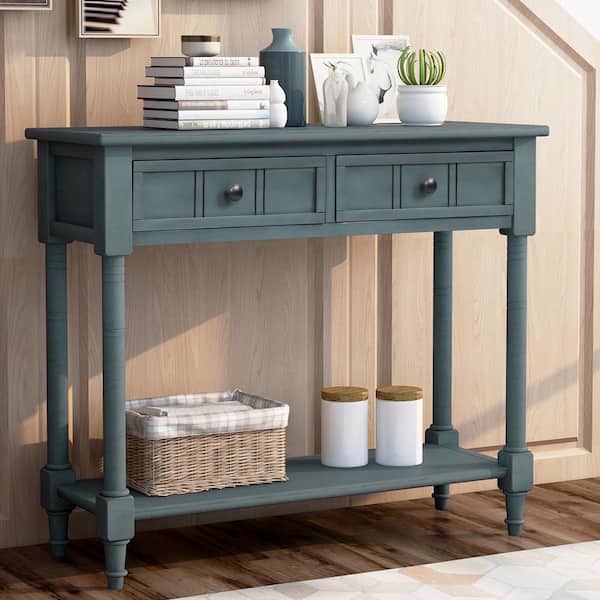 Qualler 36 in. Rectangle Navy Wood Console Table with 2-Drawers and Bottom Shelf