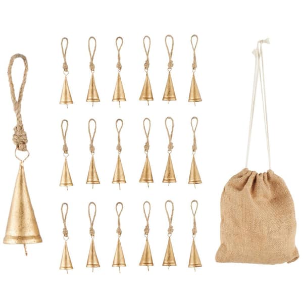Litton Lane Gold Metal Vintage Rustic Bell Decorative Bells with Brown Jute Rope and Canvas Drawstring Tote (18-Pack)