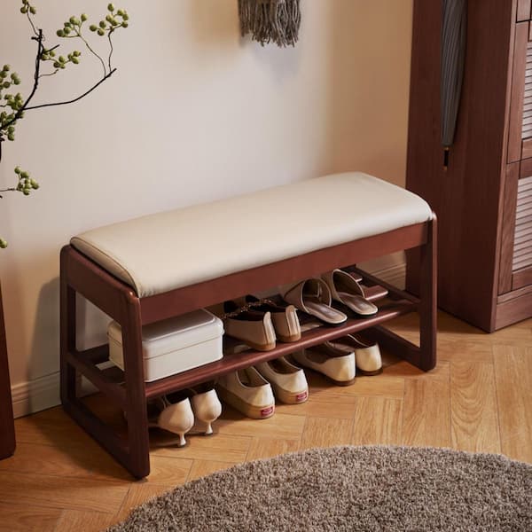 16.93 in. H x 31.5 in. W Off White Solid Wood Shoe Storage Bench with Premium PU Leather Seat