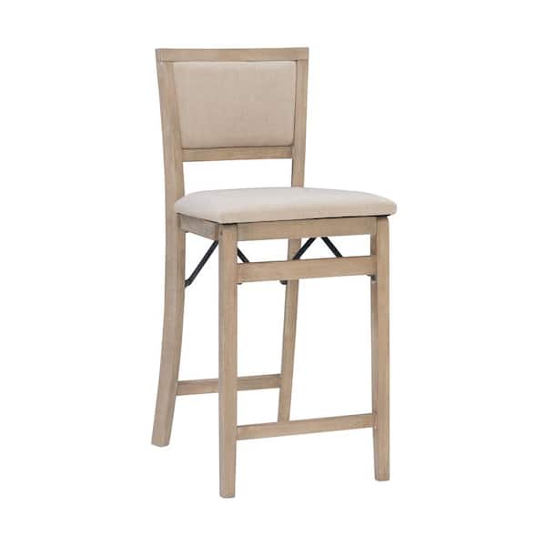 Linon Home Decor Noelle 25 in. Seat height Gray-wash High back wood frame Folding Counter stool with Beige fabric seat 1 stool
