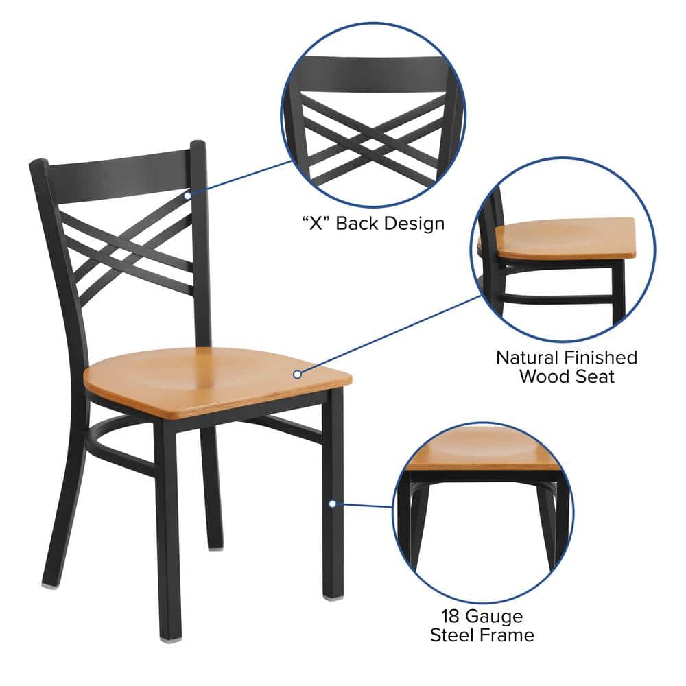 High Black Metal Cross Back Side Chair with Natural Wood Seat