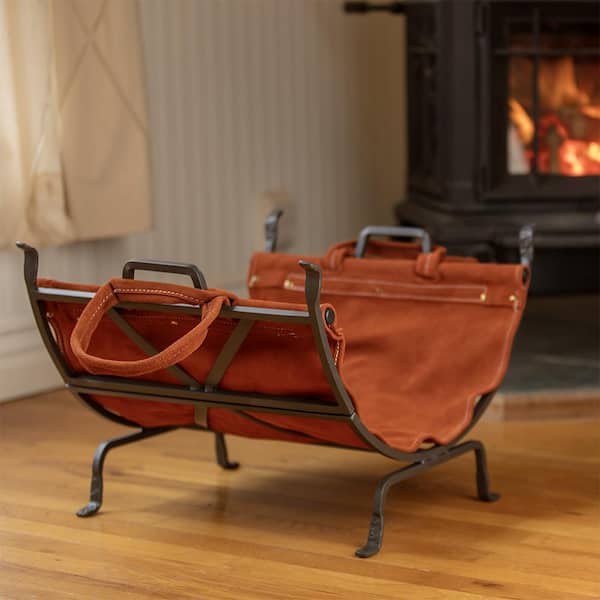 Black Decorative Steel Frame Firewood Rack with Removable Brown Suede Leather Log Carrier