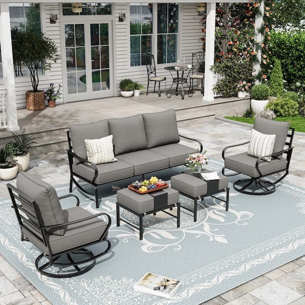 Gray 5-Person Iron Metal Material Outdoor Conversation Set With Gray Cushions