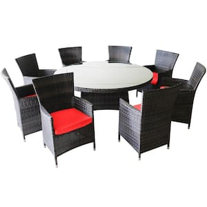 9-Piece Wicker Outdoor Dining Set Aluminum Frame with Red Cushions and Round Dining Table
