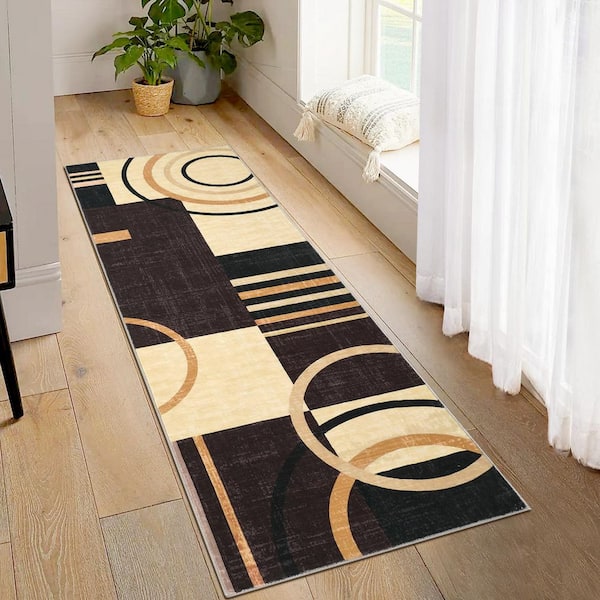 Brown 2x6ft Geometric Abstract Washable Area Rug