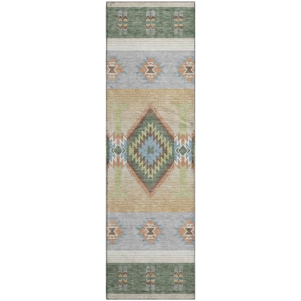 Mayfield Premium Machine Washable Abstract AMF2541 Basil 2 ft. x 7 ft. Runner Rug
