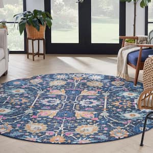 Passion Navy 8 ft. x 8 ft. Floral Transitional Round Area Rug