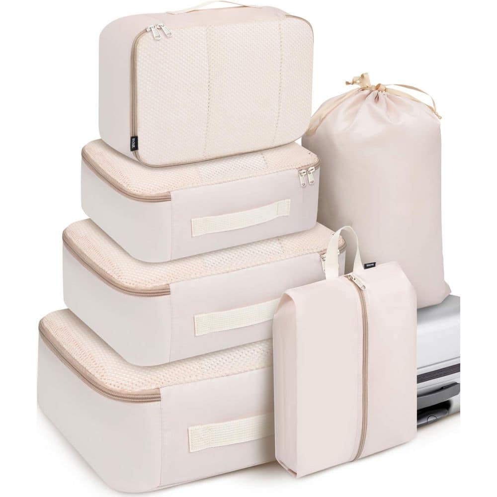 Beige 6-PCS Travel Luggage Packing Organizers 6 Set, Water-Repellent Fabric, Lightweight, Multi-Functional Cubes