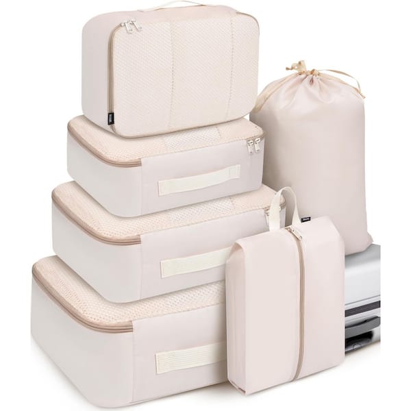 Beige 6-PCS Travel Luggage Packing Organizers 6 Set, Water-Repellent Fabric, Lightweight, Multi-Functional Cubes