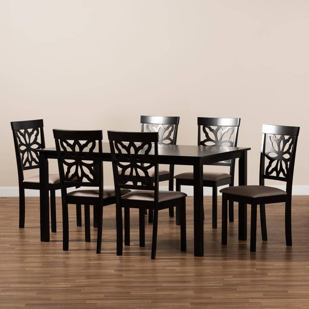Dallas Dark Brown Wood and Sand Fabric 7-Piece Dining Set