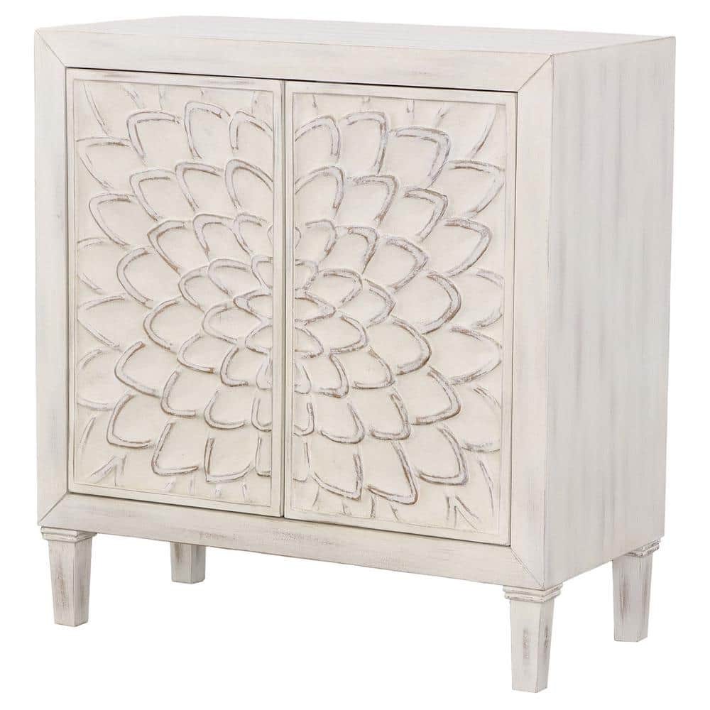 White Floral Carved 2-Drawer Freestanding Accent Cabinet