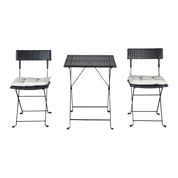Afoxsos Black 3-Piece PE Rattan Wicker Folding Outdoor Bistro Set with 1 Table, 2 Chairs and Beige Cushions