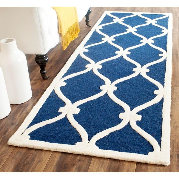 Cambridge Navy/Ivory 3 ft. x 8 ft. Border Knotted Geometric Runner Rug